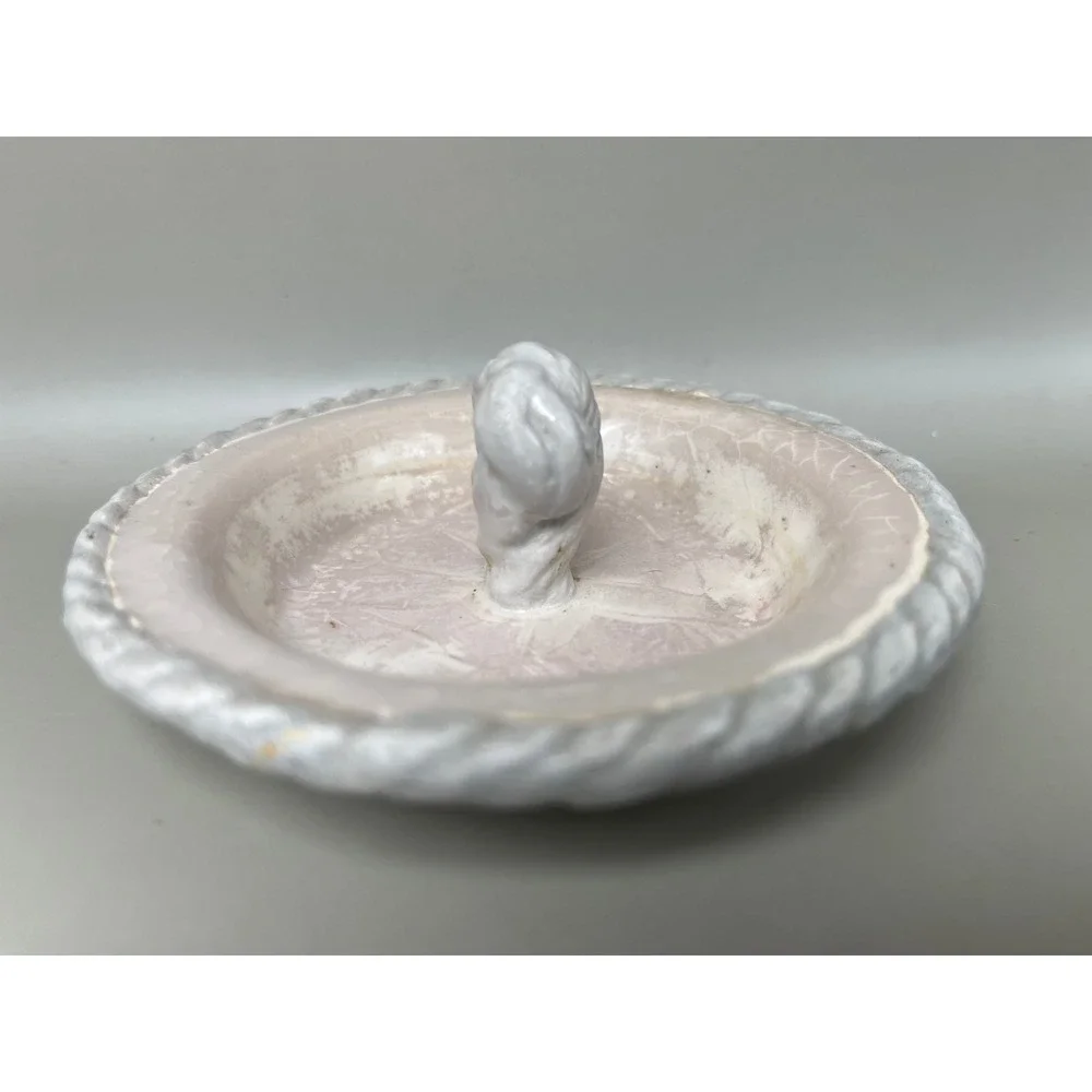 Beige Trinket Dish Knot Decor Ring‎ Holder Handmade Pottery Vanity Jewelry 4.5
